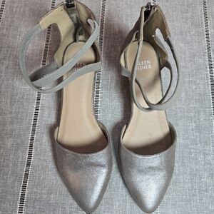 Eileen Fisher Sandals 8 Juku Strappy Leather Zip-Cuff Shoes Metallic Silver